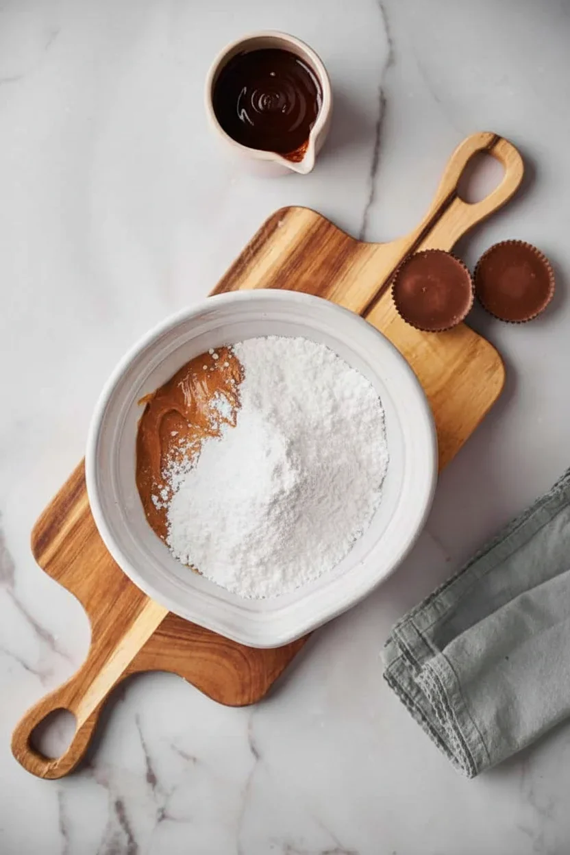 Reeses-Peanut-Butter-Pie_13-681x1024.jpg Baking scene with peanut butter, powdered sugar, chocolate syrup, and mini chocolate cups on a marble surface.