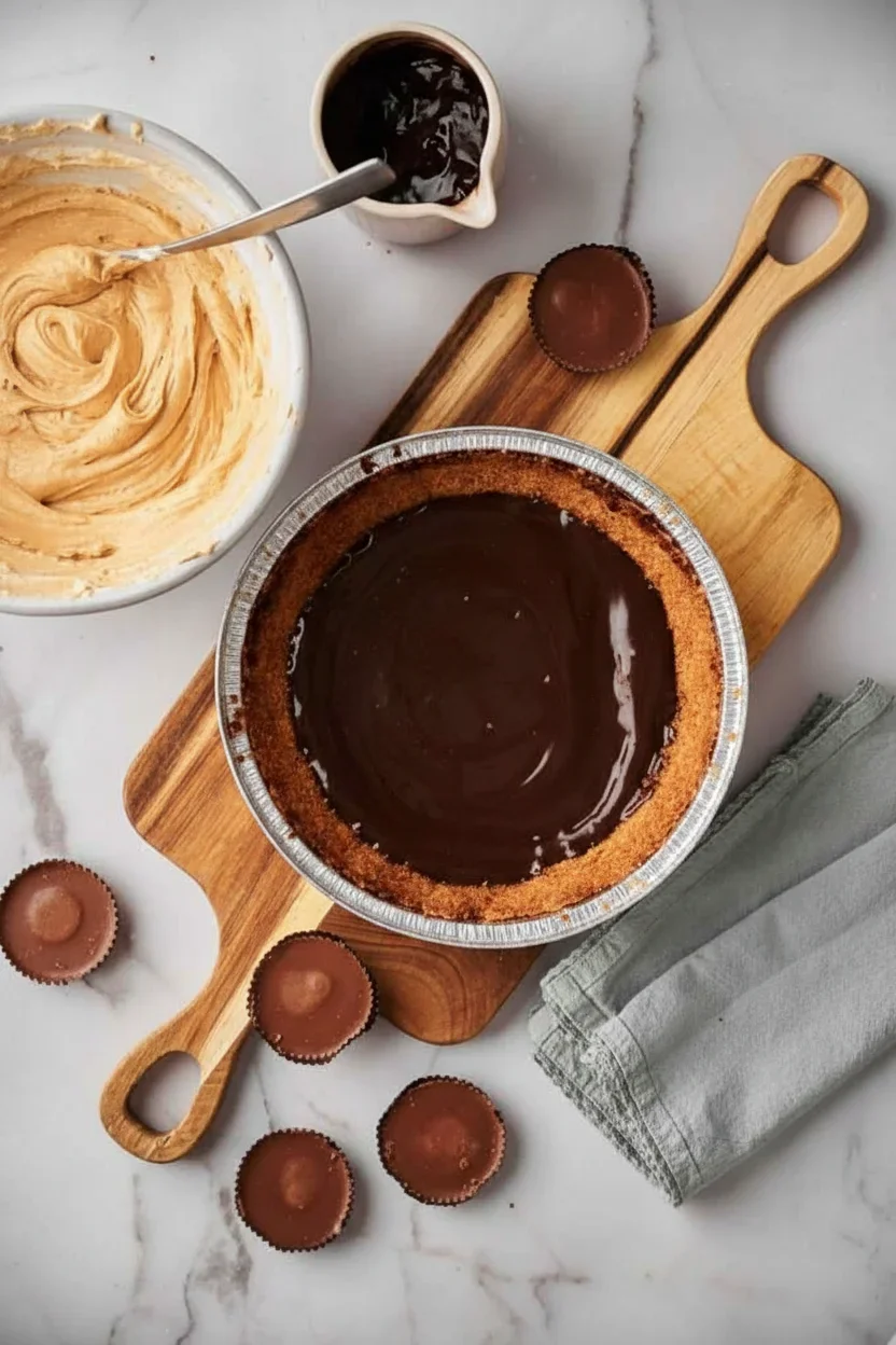 Reeses-Peanut-Butter-Pie_18-681x1024.jpg Chocolate tart with glossy filling, surrounded by small chocolates, cream mixture, and chocolate sauce on marble surface.