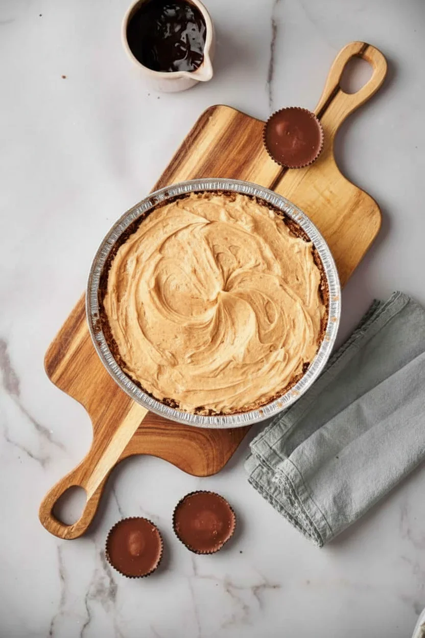 Reeses-Peanut-Butter-Pie_19-681x1024.jpg Pie with creamy topping on a wooden board, surrounded by chocolate candies and a small sauce pitcher.