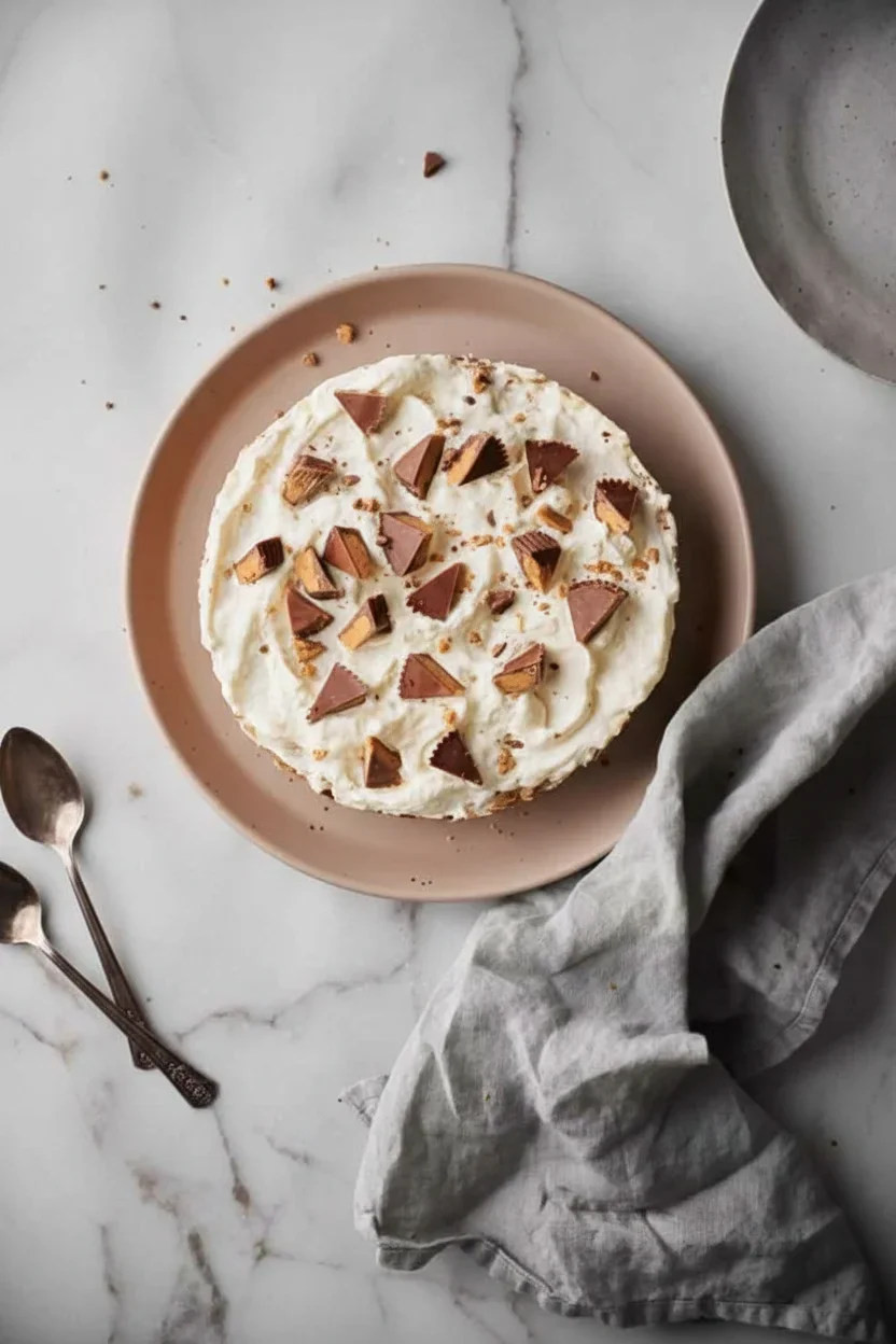 Reeses-Peanut-Butter-Pie_21-681x1024.jpg A dessert topped with whipped cream, chocolate chunks, and cookies on a pink plate, on a marble countertop.