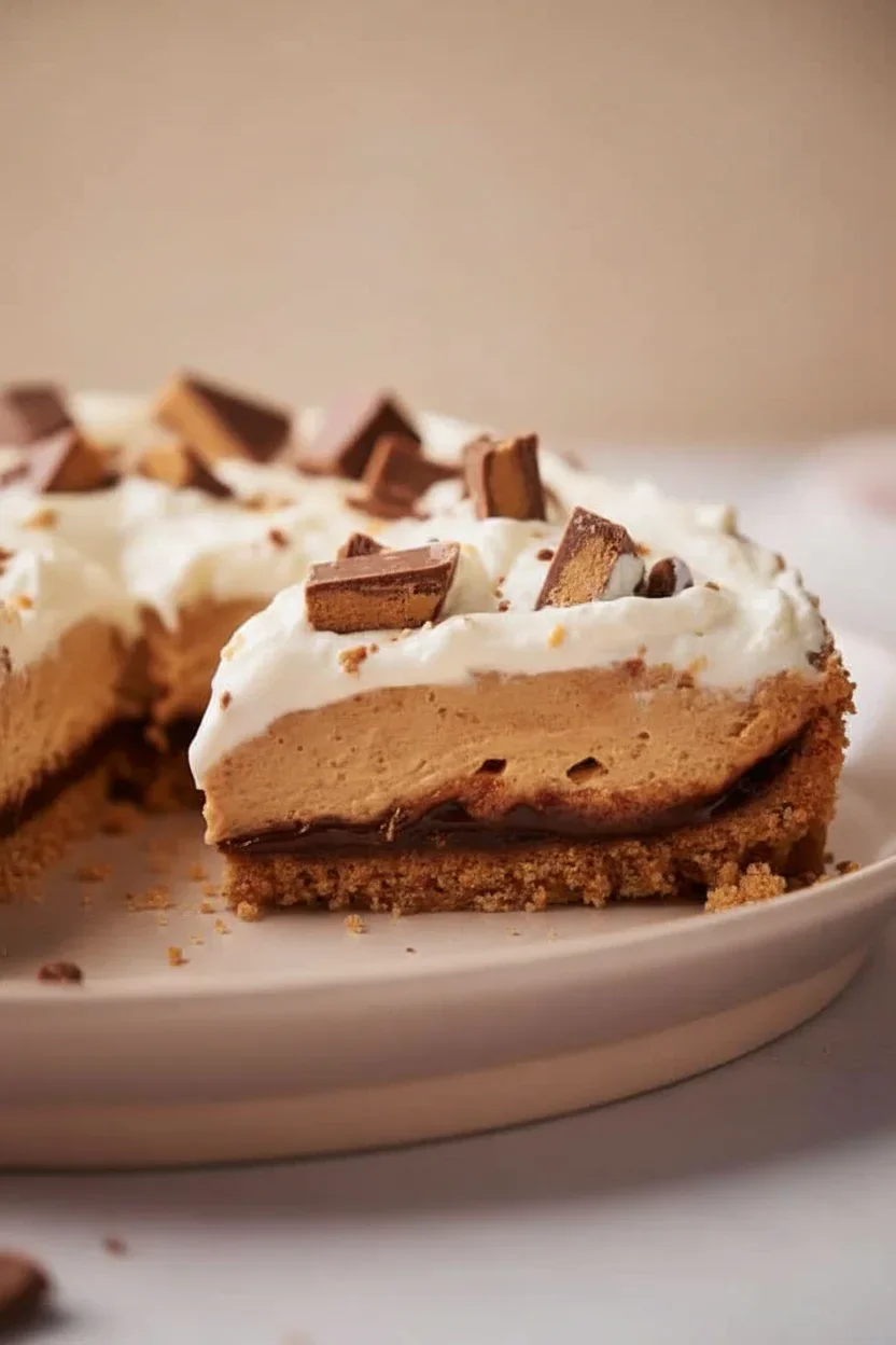 Reeses-Peanut-Butter-Pie_31-2-681x1024.jpg Close-up of a thick slice of layered chocolate and peanut butter pie with whipped topping and chocolate chunks.
