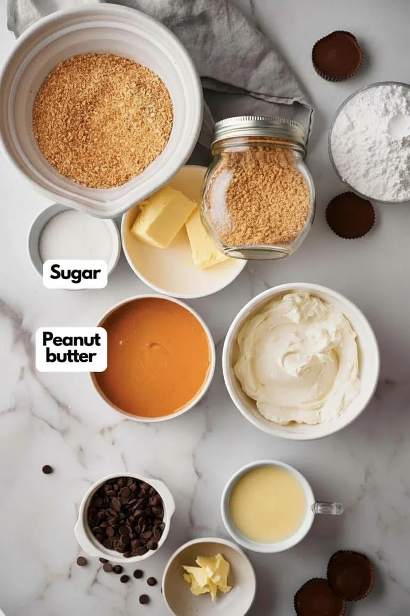 Reeses-Peanut-Butter-Pie_36-683x1024.jpg Assorted baking ingredients including graham cracker crumbs, powdered sugar, peanut butter cups, and chocolate chips arranged on a white surface with labels.