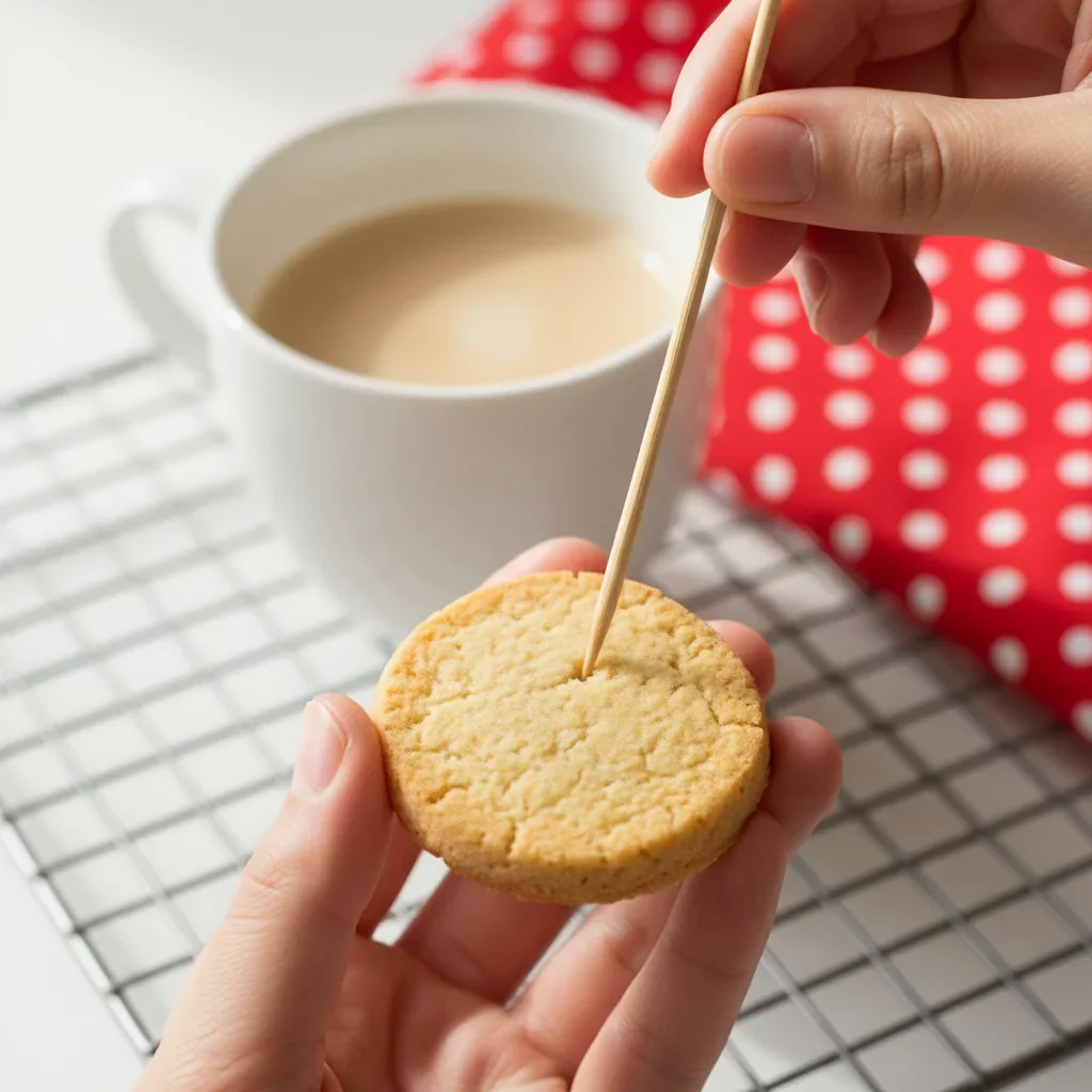 Hands inserting a skewer into a small, golden-brown cookie over a grey patterned surface.