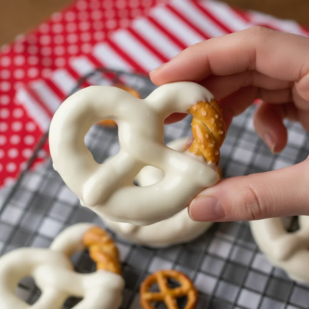 Hand holding a pretzel-shaped treat covered in white chocolate with pretzel decorations, on a checkered surface with festive fabrics.
