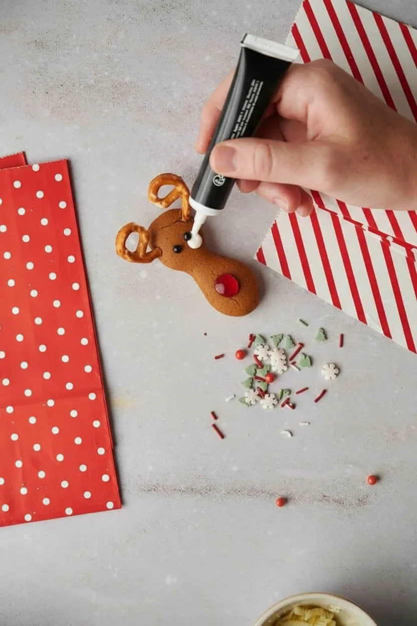 Person decorating a reindeer-shaped cookie with white frosting, sprinkles, and holiday-themed decorations.