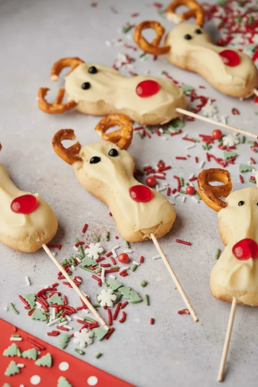Festive reindeer-shaped desserts decorated with candy, pretzels, and sprinkles on a light gray background.