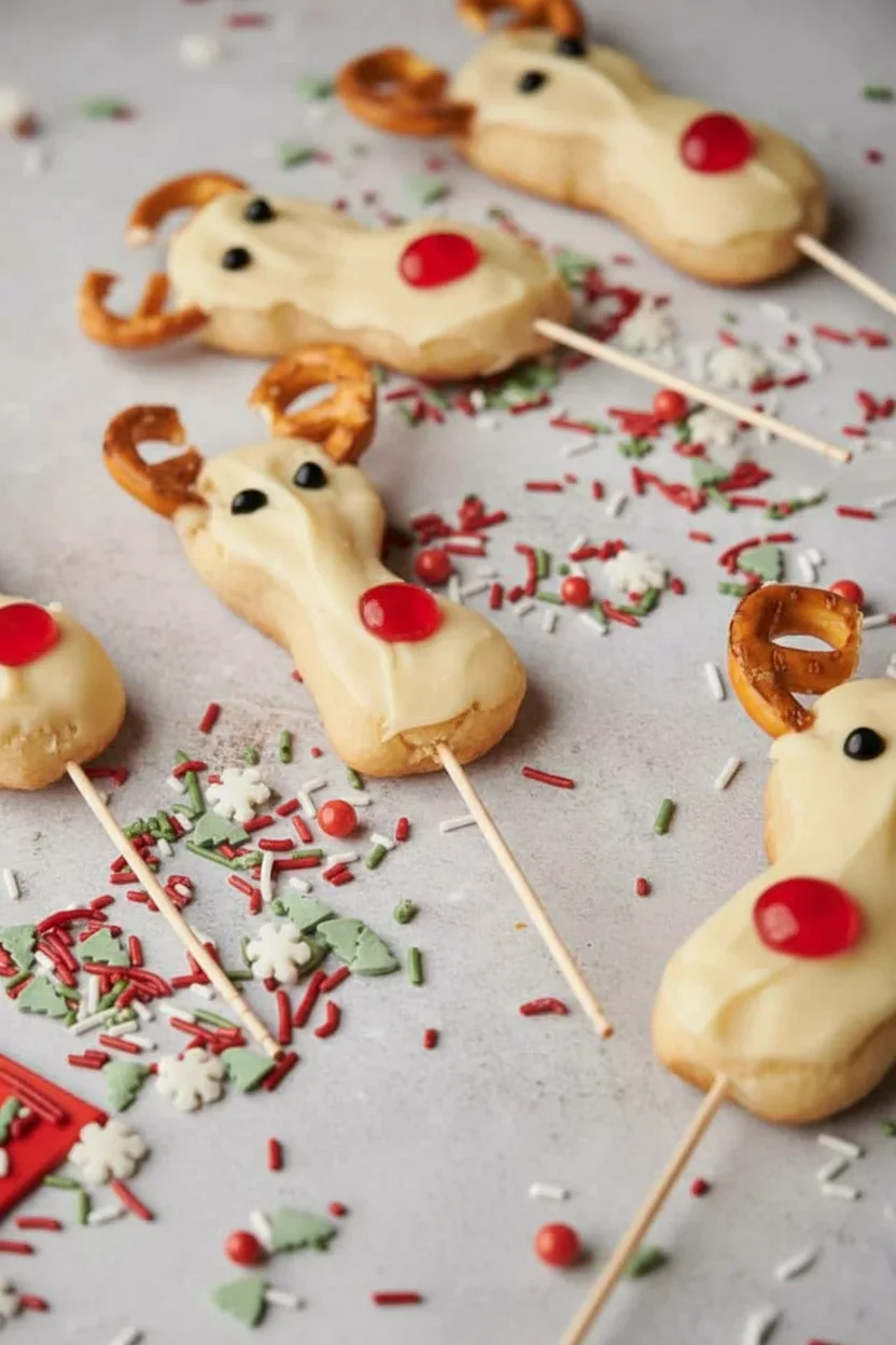 Decorated reindeer-shaped cookies with pretzel antlers, candy eyes, and red noses on a festive background with sprinkles.