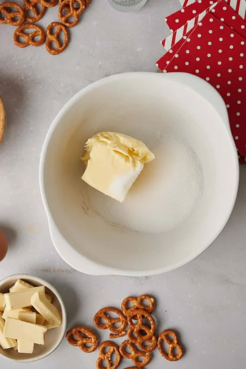 Mixing bowl with butter and sugar, surrounded by pretzels, white chocolate, and polka dot napkins for baking.