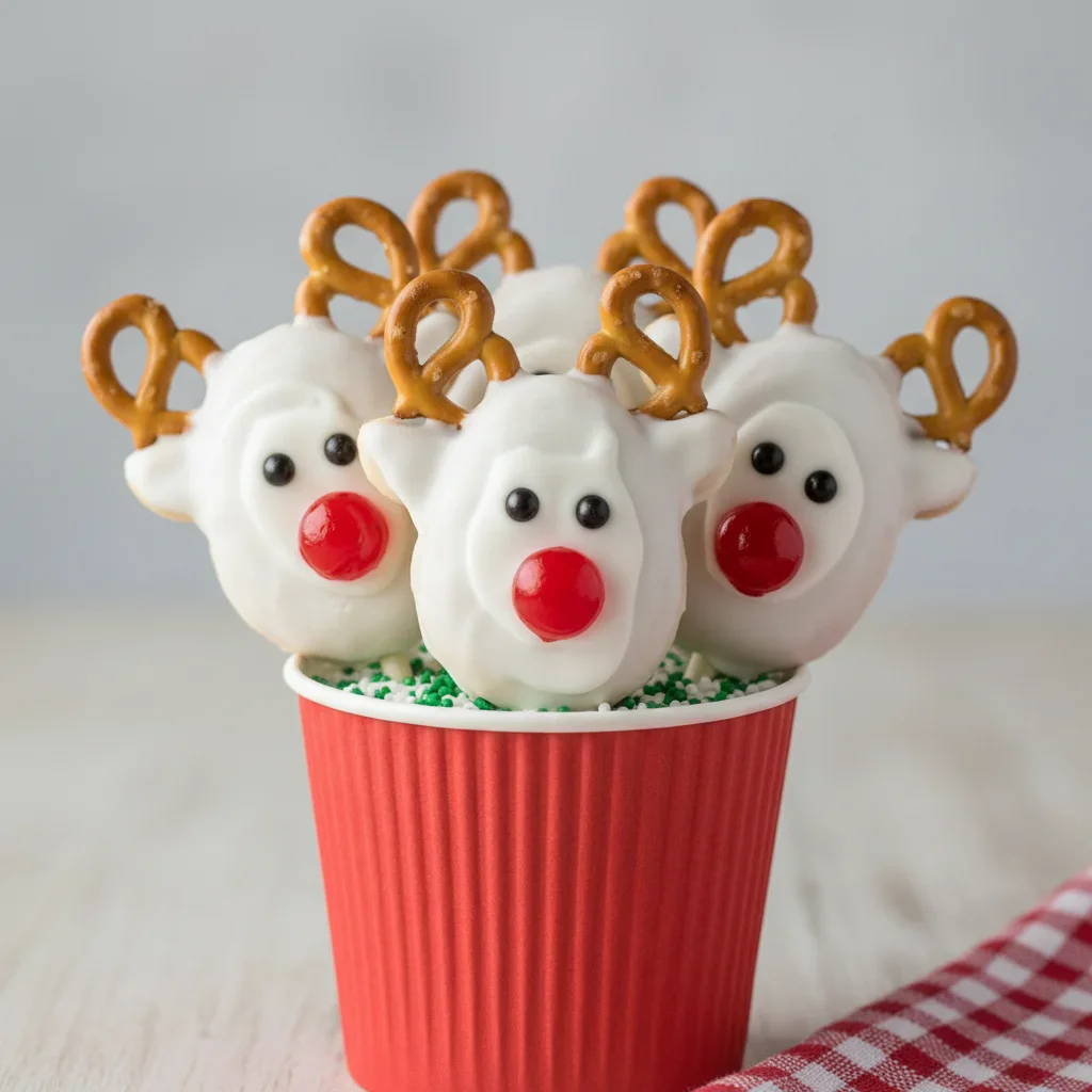 Three reindeer-shaped desserts decorated with white coating, pretzel antlers, and red noses in a red cup.