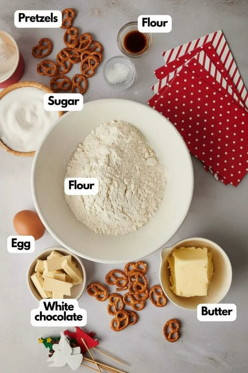 Ingredients for baking, including flour, sugar, pretzels, chocolate, butter, egg, vanilla, and napkins, arranged on a gray surface.
