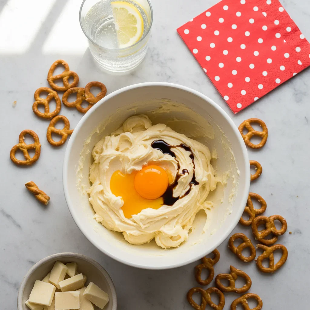 Mixing bowl with mashed potatoes, an egg yolk, pretzels, napkins, and chocolate chunks on a gray surface.