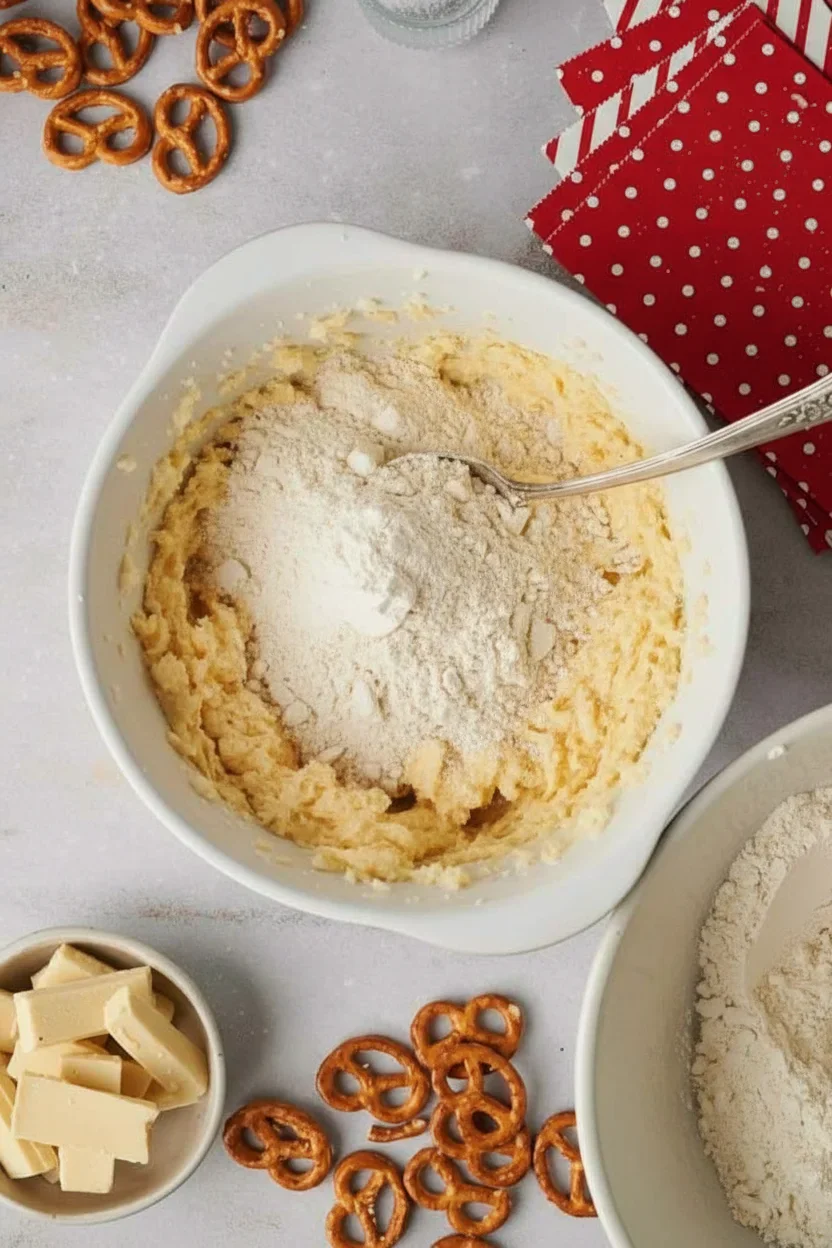 Baking bowl with cookie dough, surrounded by pretzels, white chocolate pieces, and festive napkins.