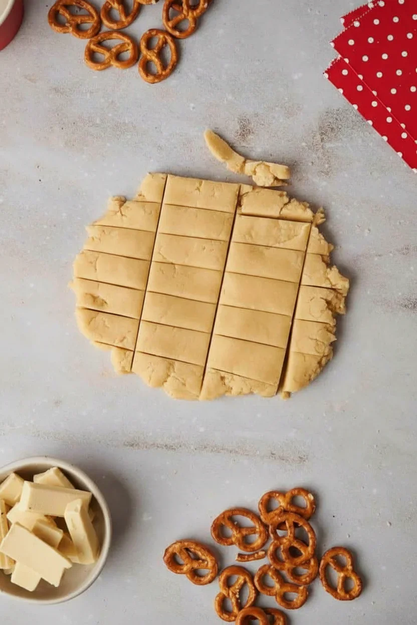 Raw pretzel dough cut into squares, with pretzels and white chocolate chunks nearby, on a grey surface.