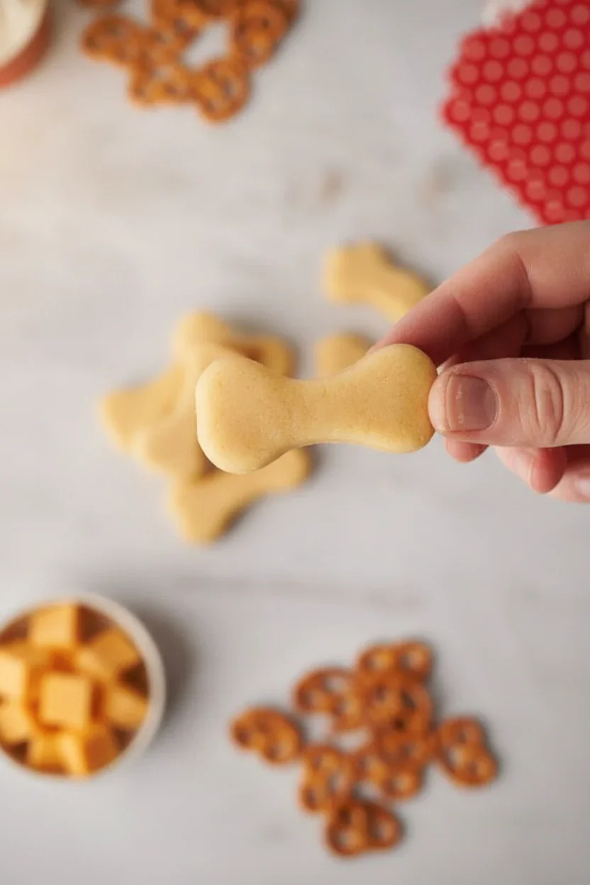 Hand holding a bone-shaped dog treat over a countertop with more treats and cheese in the background.