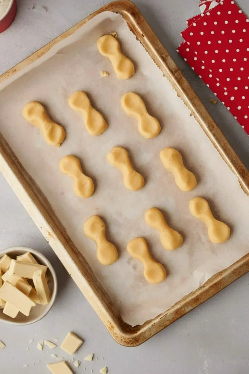 Uncooked bone-shaped cookie dough on a baking sheet with white chocolate chunks nearby, festive decoration in background.