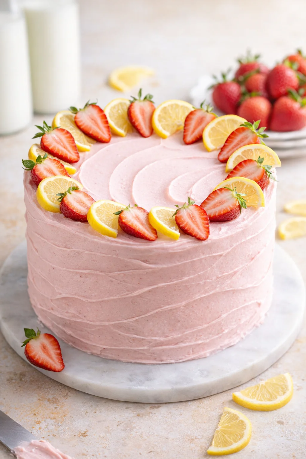 Pink buttercream cake with swirl textures, topped with lemon wedges and strawberry halves.