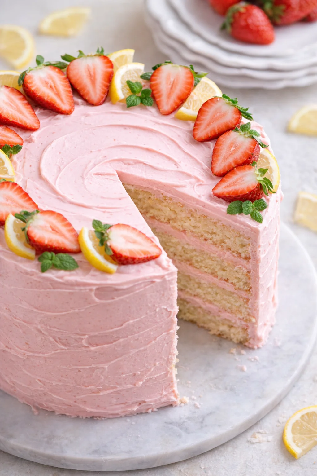 Pink-frosted layered cake topped with sliced strawberries and lemon wedges on a marble plate.