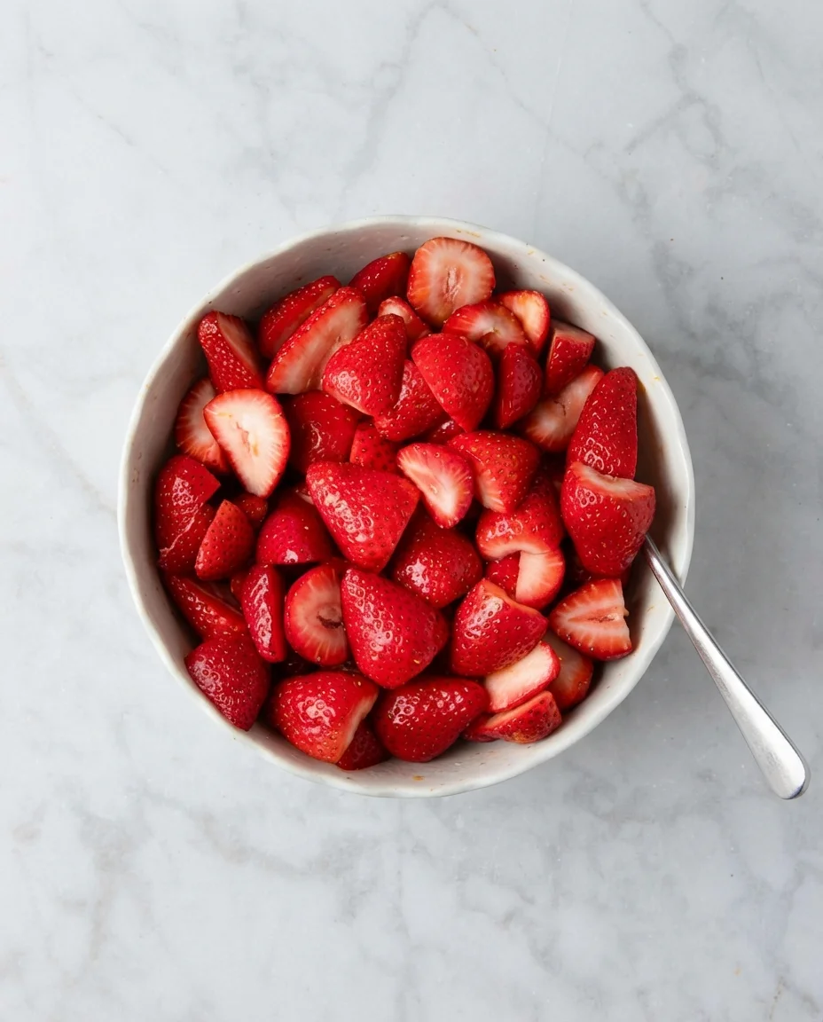 Top-down view of a white bowl filled with sliced strawberries on a pale marble surface, with a silver spoon.
