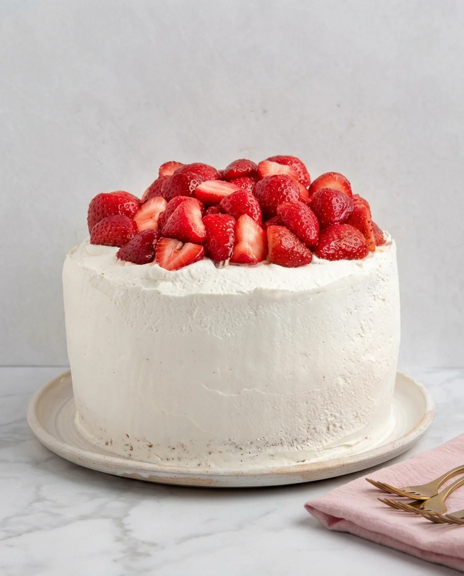 Round white-frosted cake on a plate, topped with fresh strawberries.