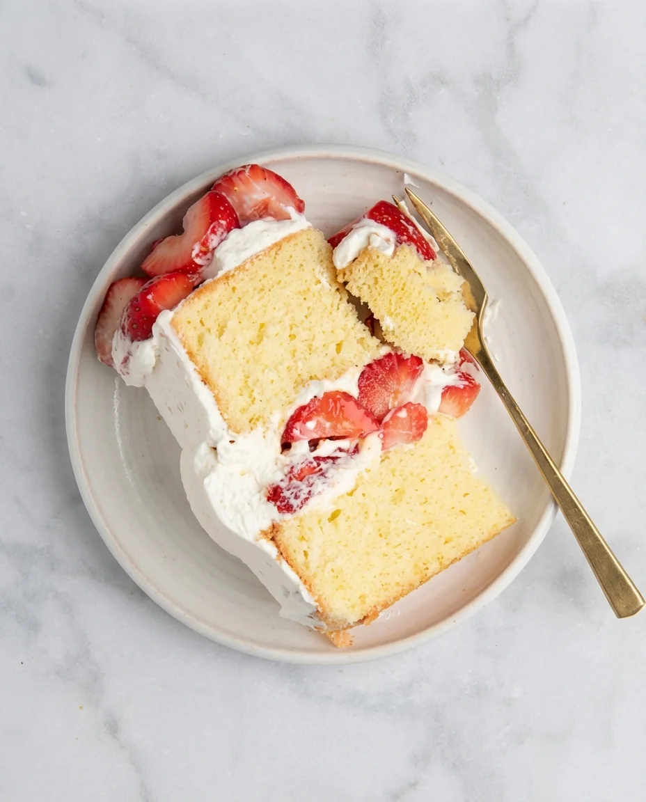 Two slices of vanilla sponge cake with whipped cream and fresh strawberries on a light plate
