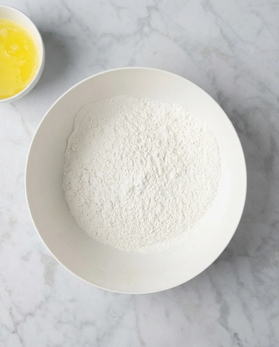 Overhead view of a white bowl piled with flour beside a small cup of melted butter on a marble countertop.