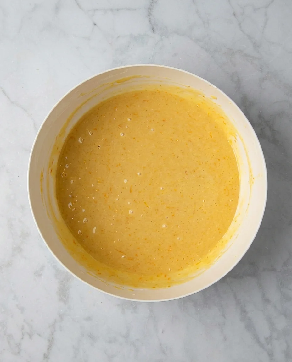 Top-down view of a white bowl filled with pale yellow sauce on a marble countertop.