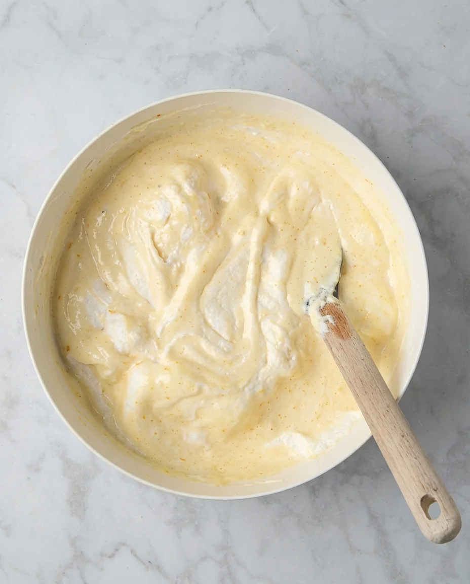 white bowl with pale yellow vanilla batter and a wooden spoon on marble counter