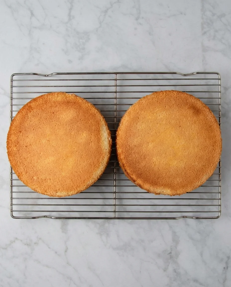 Two round golden sponge cake layers cooling on a wire rack.