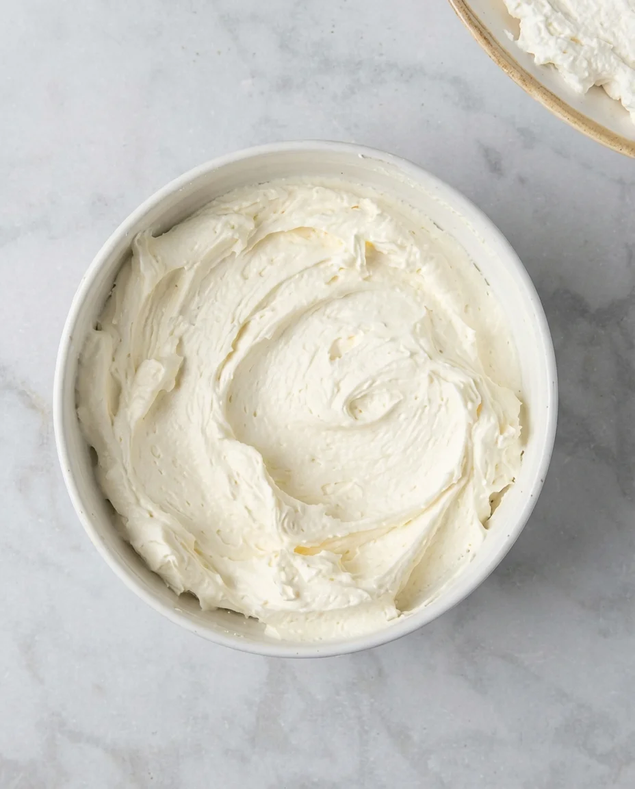white ceramic bowl filled with smooth vanilla buttercream frosting on a marble counter