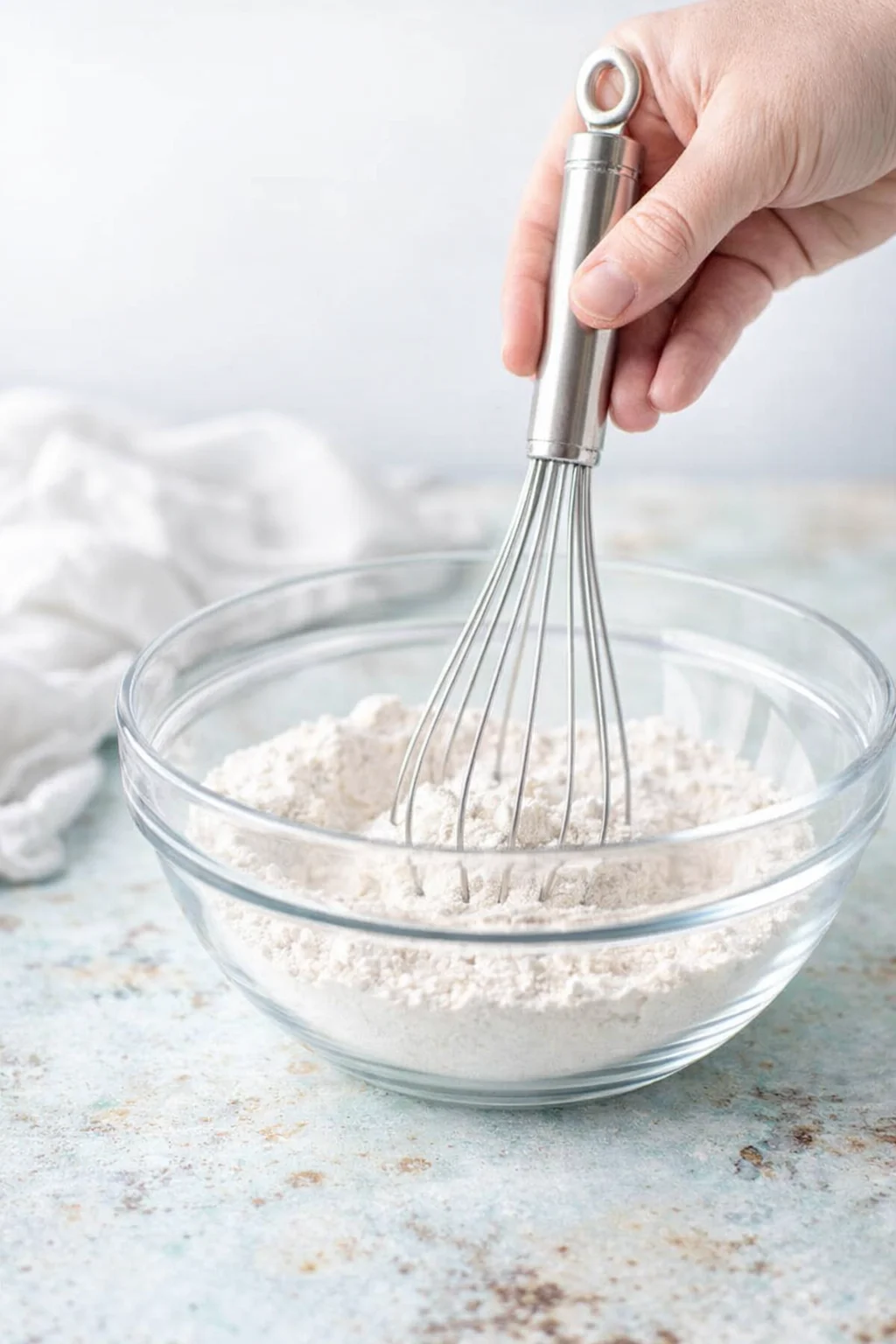 hand holding a metal whisk whisking flour in a glass bowl on a light blue table