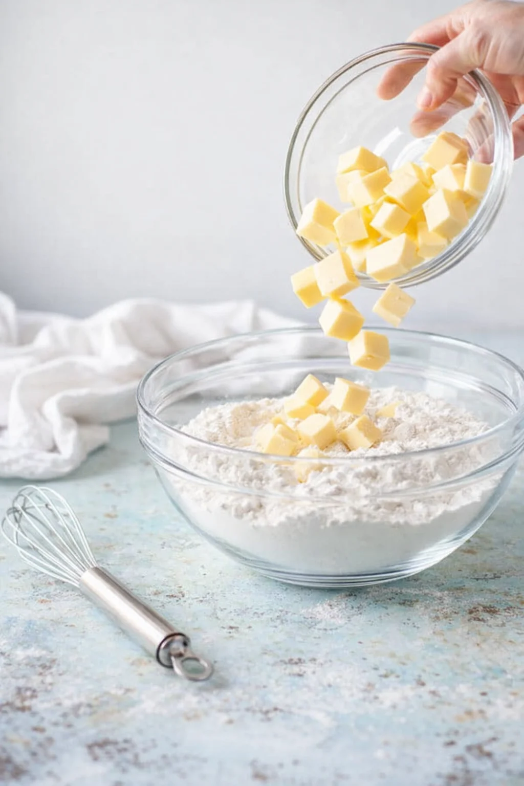 hand dropping butter cubes into a glass bowl of flour on a pale blue countertop