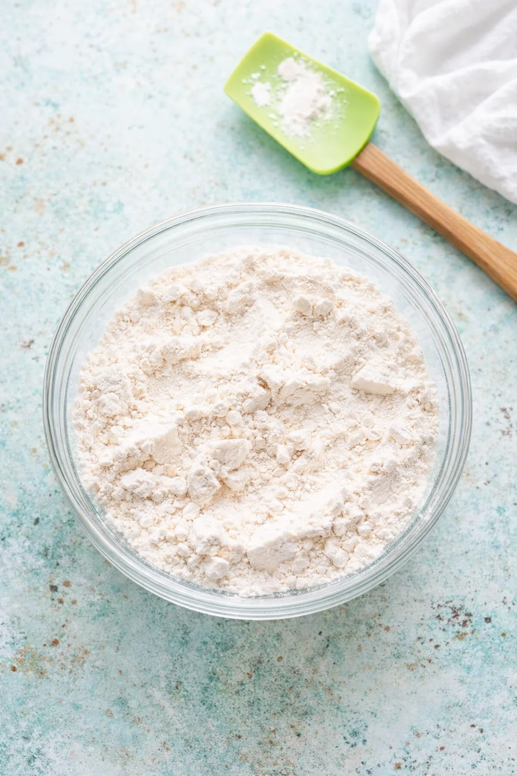 Top-down view of a glass bowl filled with flour on a pale blue countertop, with a green spatula nearby