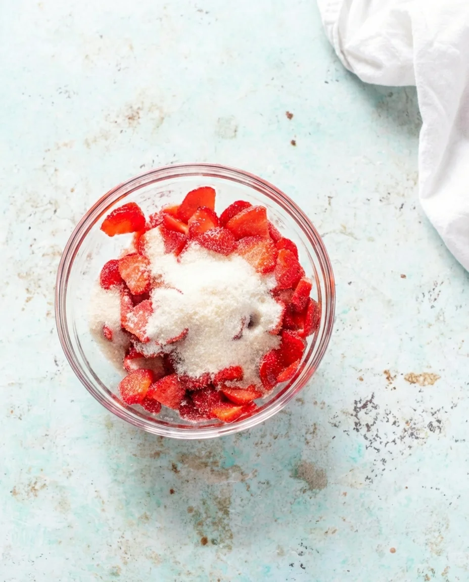glass bowl of chopped strawberries topped with granulated sugar on a pale blue rustic surface