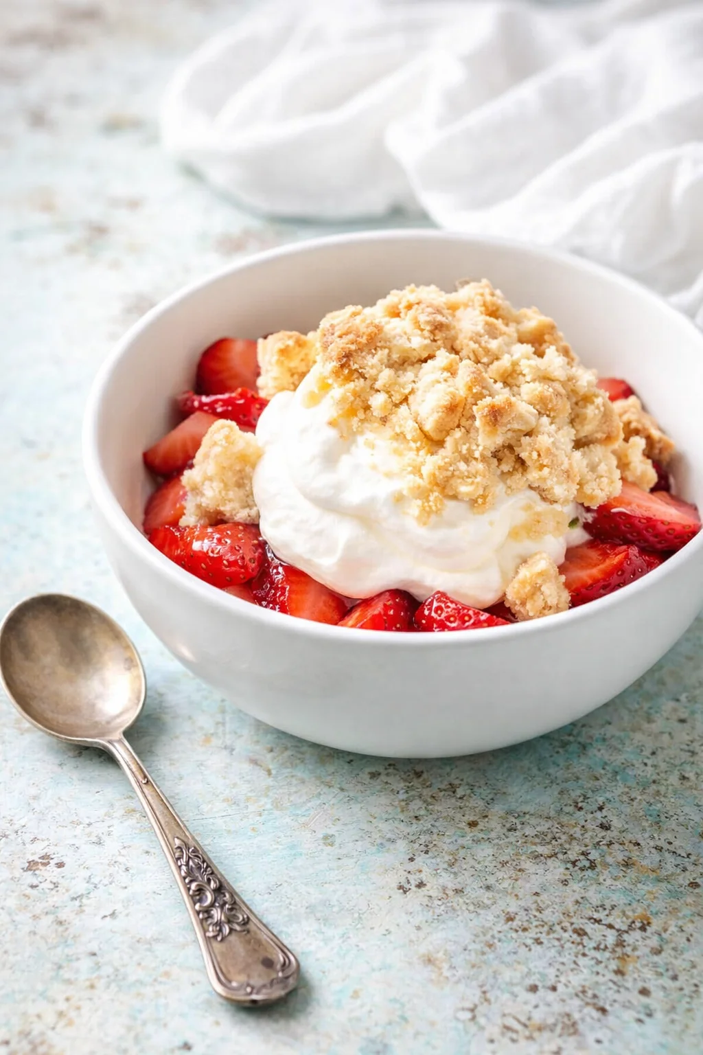 white bowl with strawberry shortcake, whipped cream, and crumb topping on a turquoise rustic surface