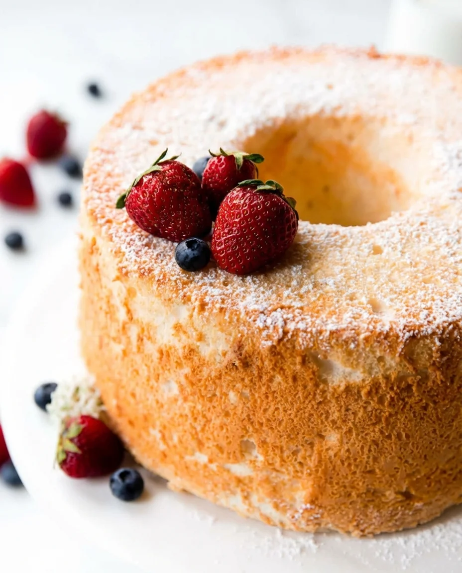 Close-up of a golden bundt cake dusted with powdered sugar, topped with strawberries and blueberries.
