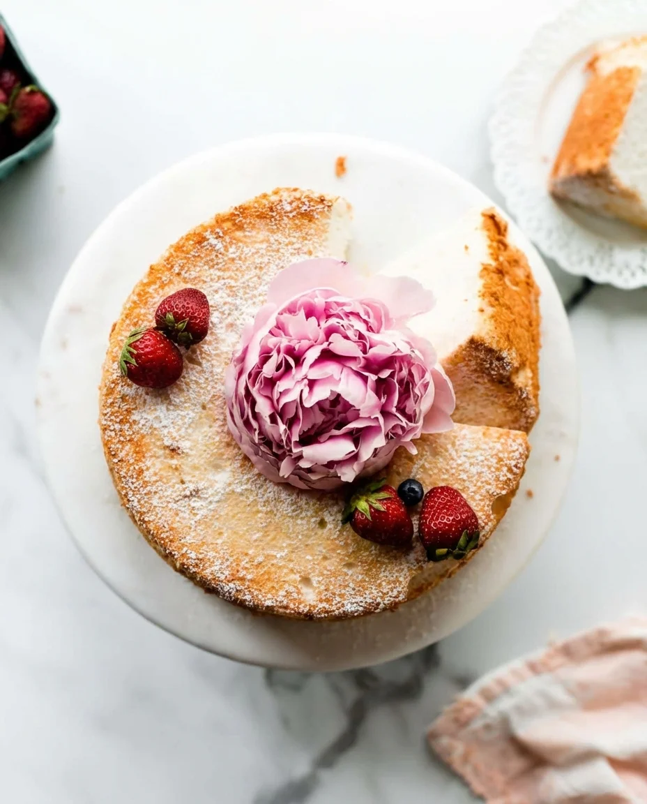 round golden cake on white plate topped with pink peony and strawberries
