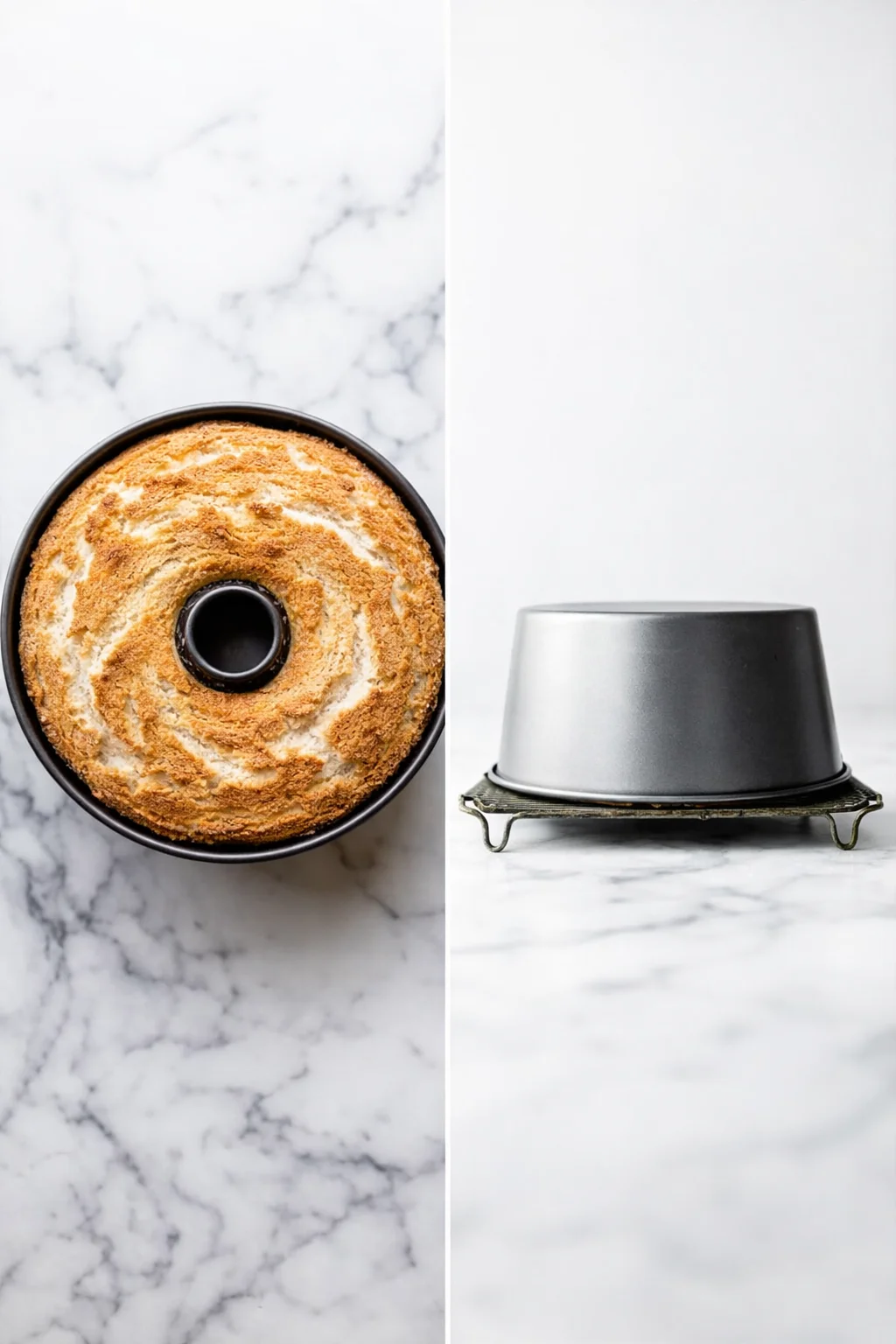 top-down view of a golden Bundt cake in a round pan beside an inverted Bundt pan on marble surface