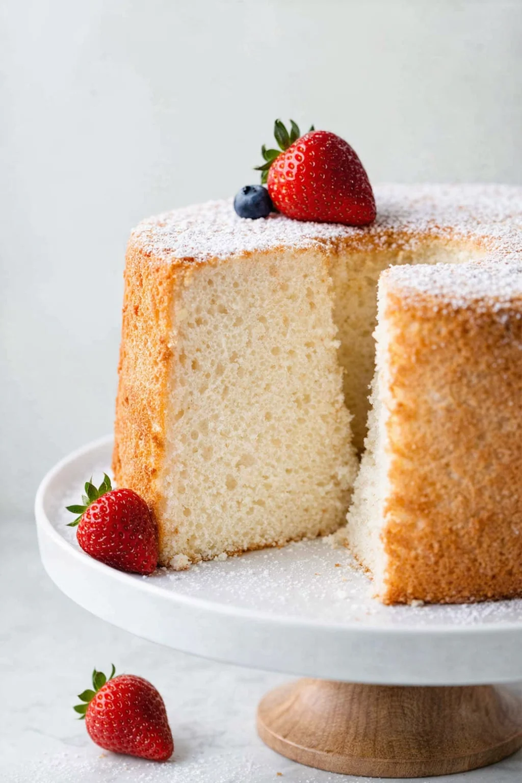 Close-up of a tall vanilla sponge cake, dusted with sugar, garnished with a strawberry on top.