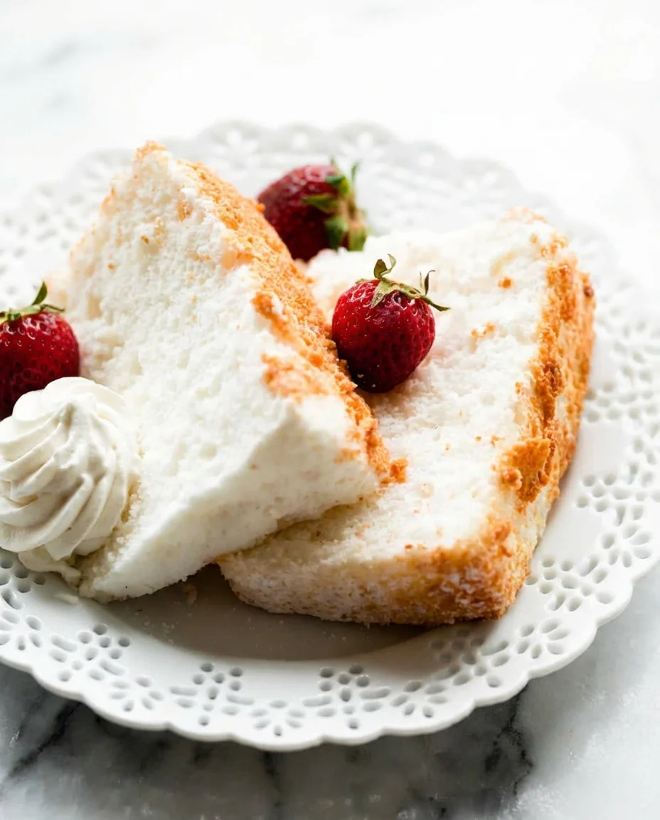Close-up of sliced vanilla sponge cake with whipped cream and fresh strawberries on a white decorative plate.
