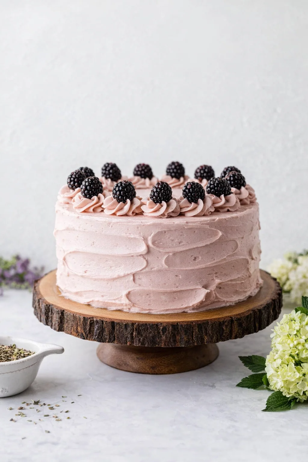 blackberry-lavender-cake.jpg A pink frosted cake with piped rosettes and blackberries on a rustic wood cake stand.