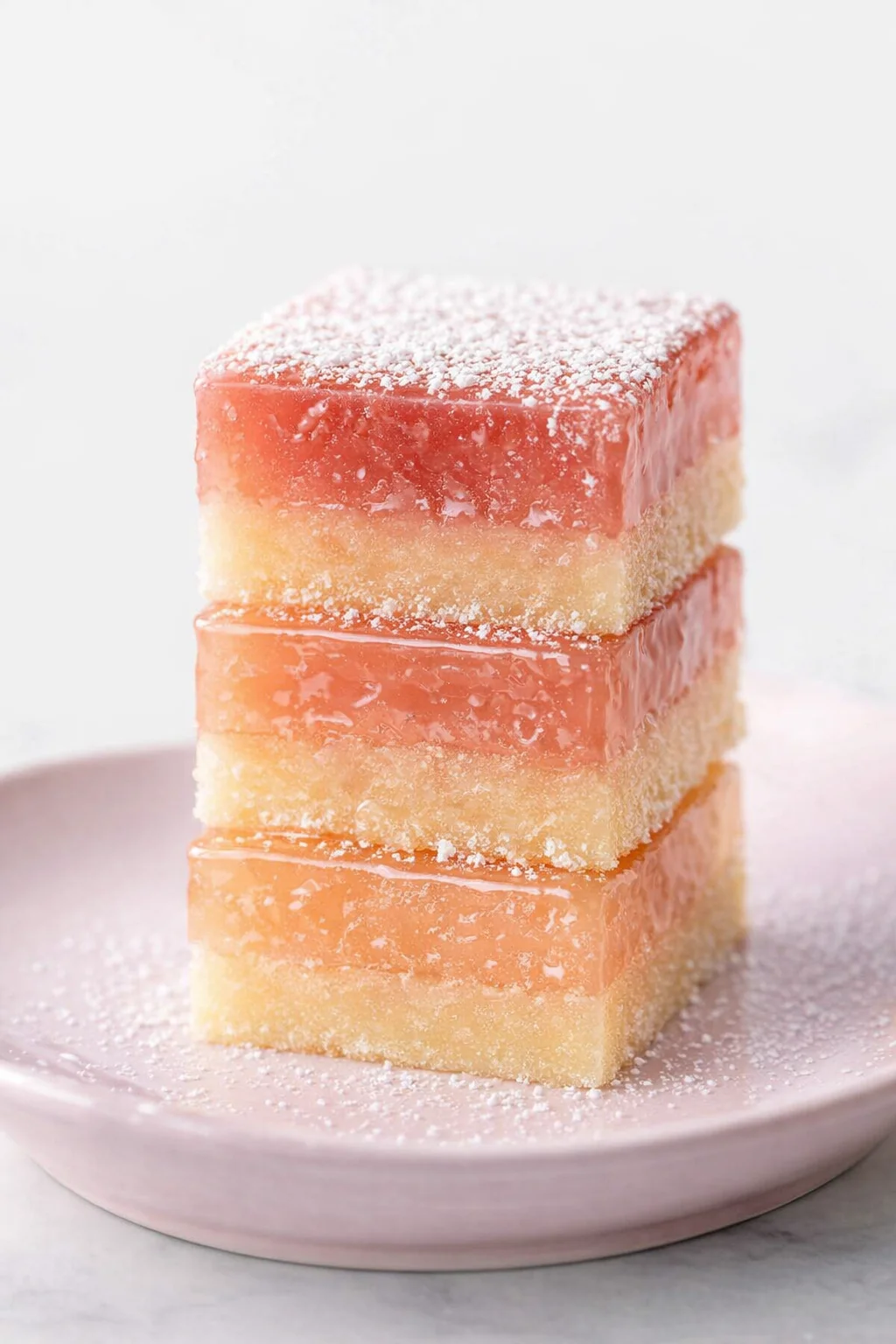 Layered jelly bars with pink, orange, and yellow stripes on a pale pink plate.