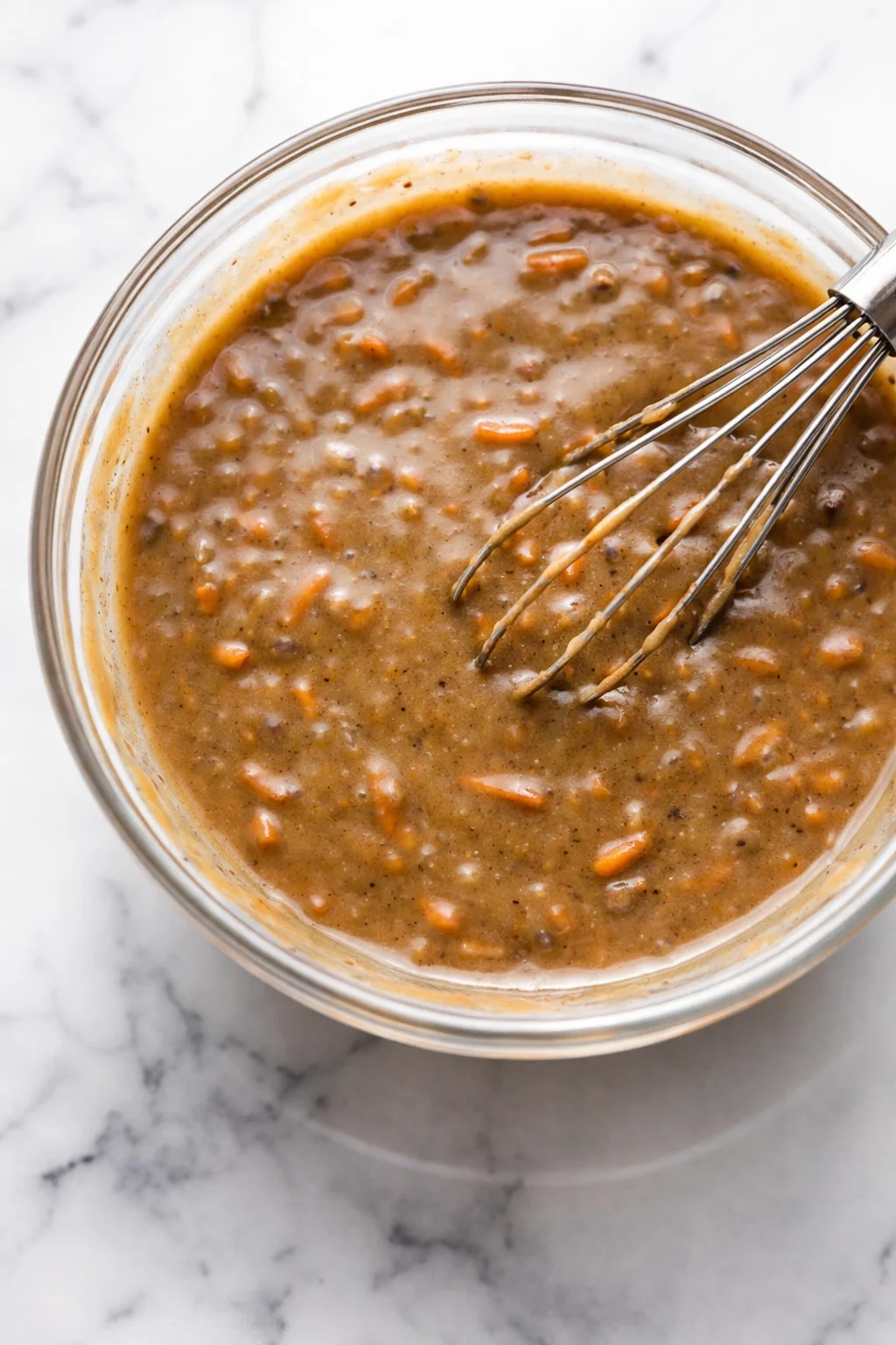 Top-down view of a glass bowl containing thick brown gravy with orange carrot bits and a whisk.