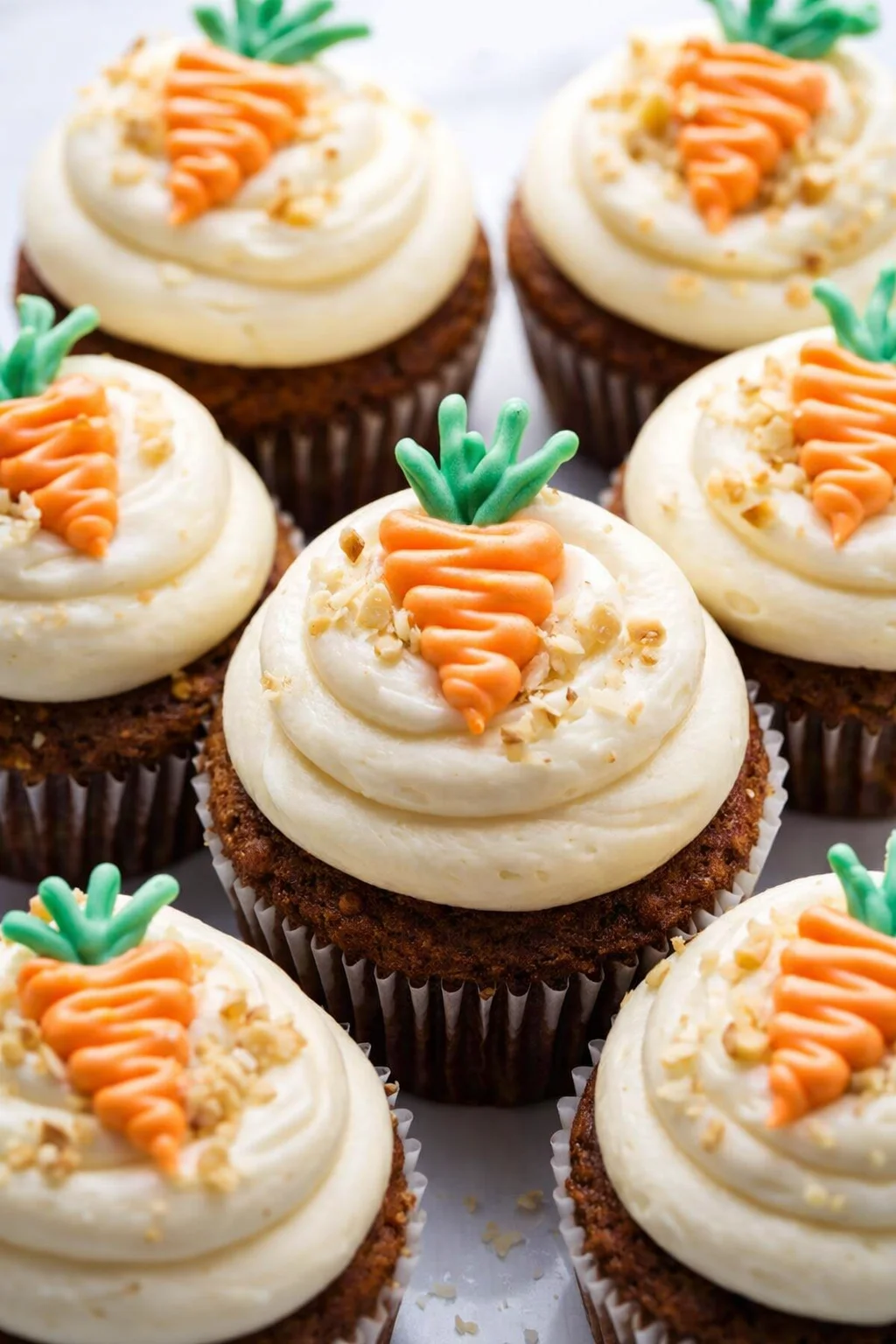 close-up of carrot-themed cupcakes with swirled white frosting and carrot toppers