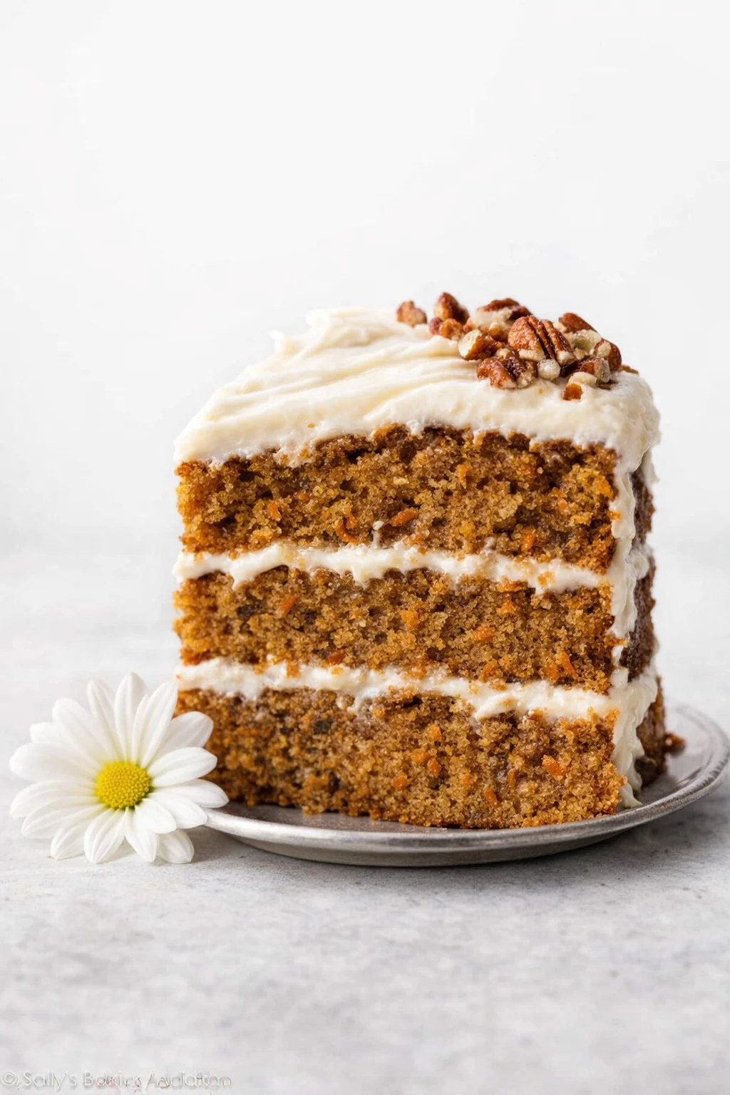 slice of carrot cake with cream cheese frosting on a silver plate beside a white daisy