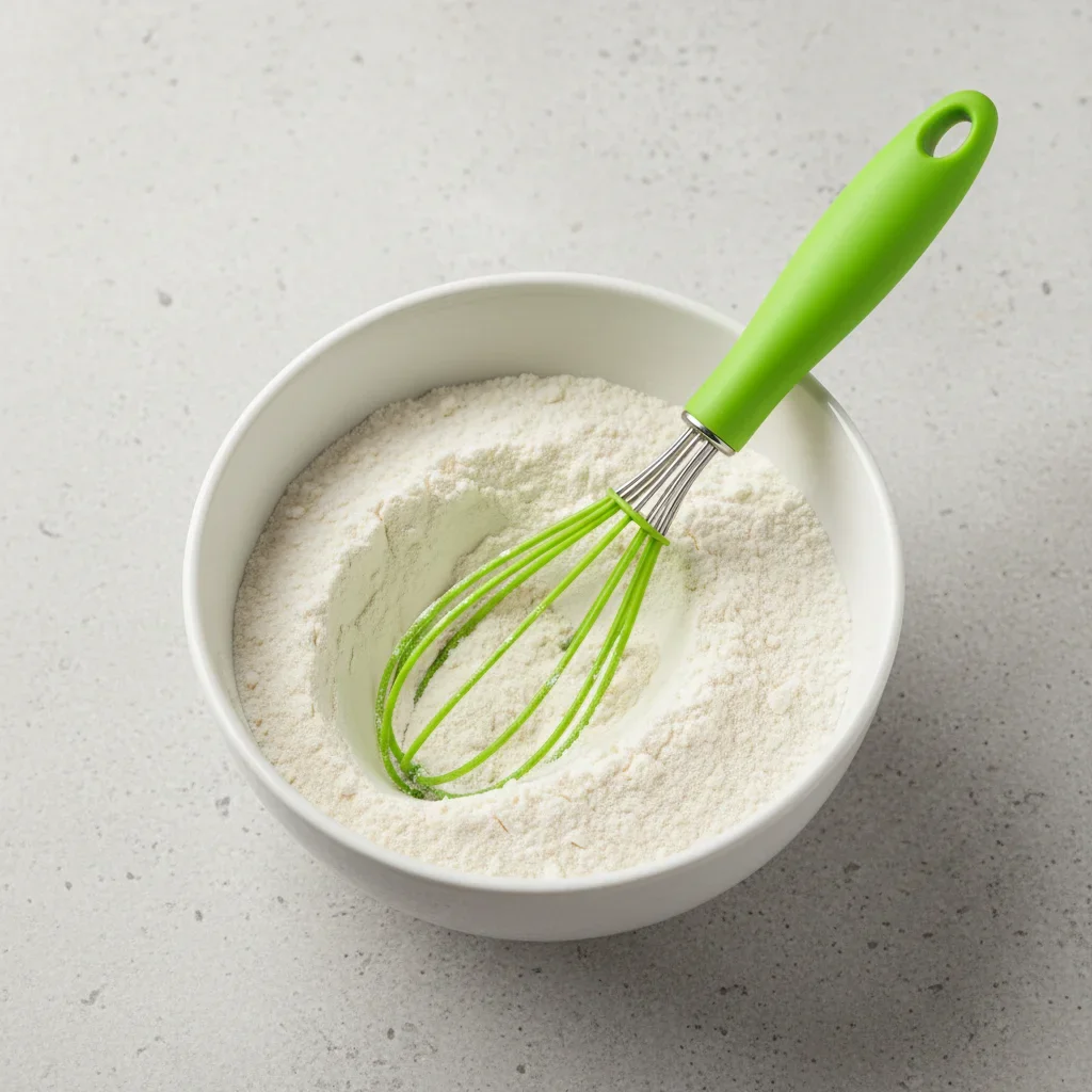 A bowl of white flour with a green whisk inside, on a light gray textured surface.