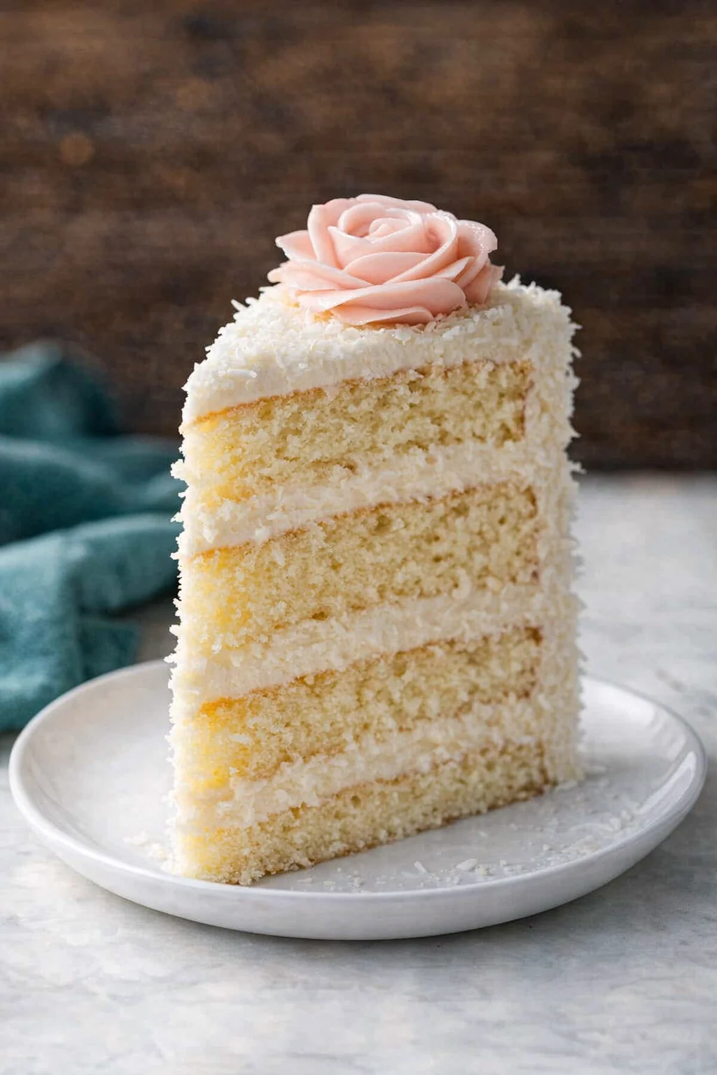 coconut-cake-8.jpg slice of coconut cake with white frosting and pink rose on a plate
