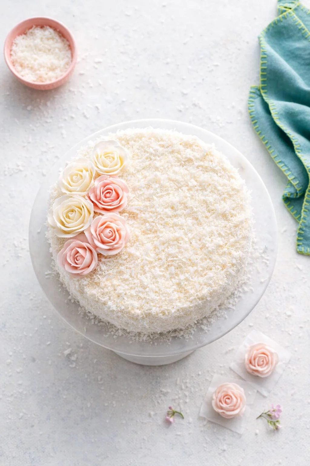 coconut-cake-buttercream-flowers.jpg Round white coconut cake with pastel rose decorations on a white cake stand.