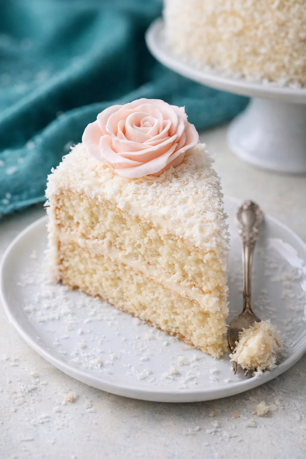 coconut-cake-buttercream-rose.jpg Slice of vanilla cake with coconut flakes and a pink fondant rose on a white plate.