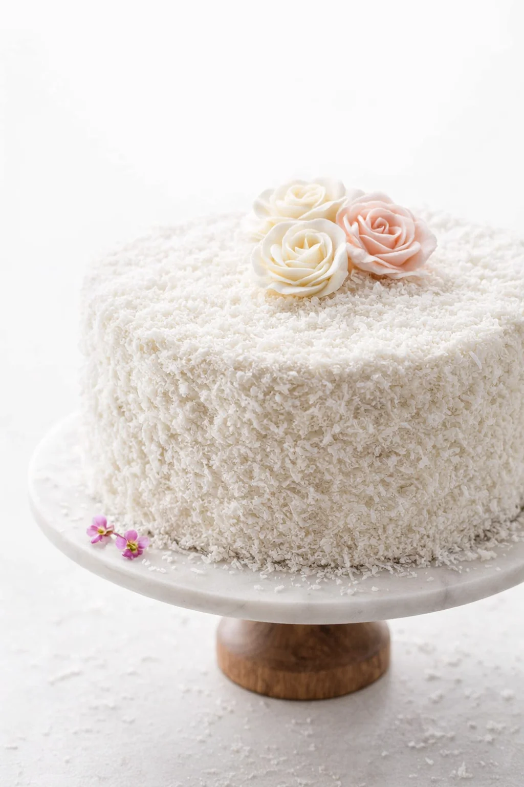 coconut-layer-cake.jpg White coconut-coated cake on a white pedestal, topped with pale pink sugar roses.
