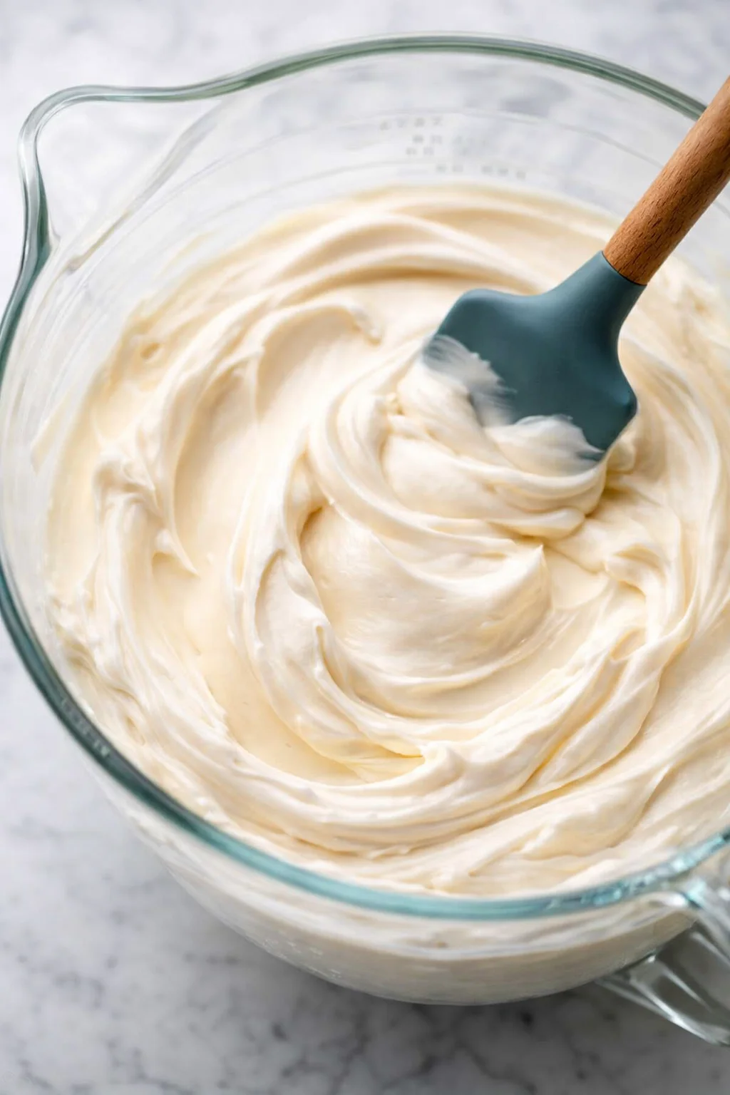 Close-up of glossy, whipped vanilla buttercream in a glass bowl with a teal spatula.